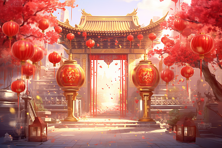 中式传统门楼火热促销背景图