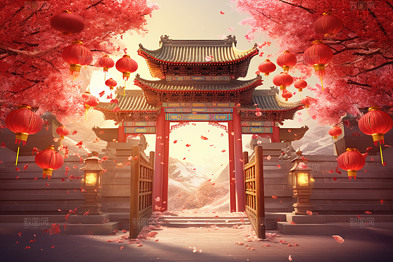 中式传统门楼中国风开门红背景图