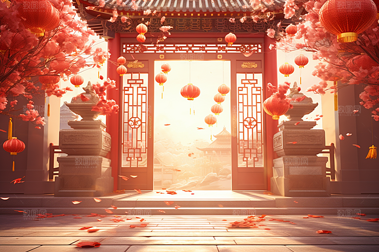 中式传统门楼国潮促销背景图