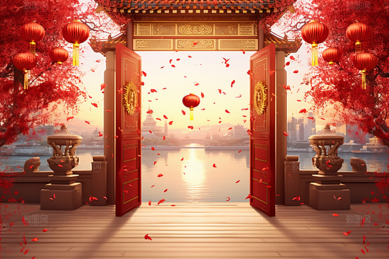 中式传统门楼开业大吉火热背景图