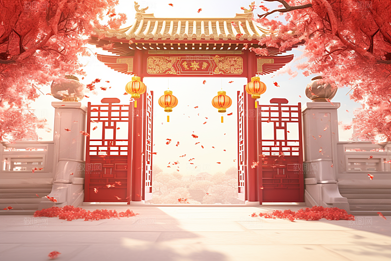 中式传统门楼开门红直播背景图