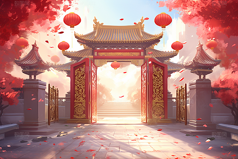 中式传统门楼火热中国风背景图