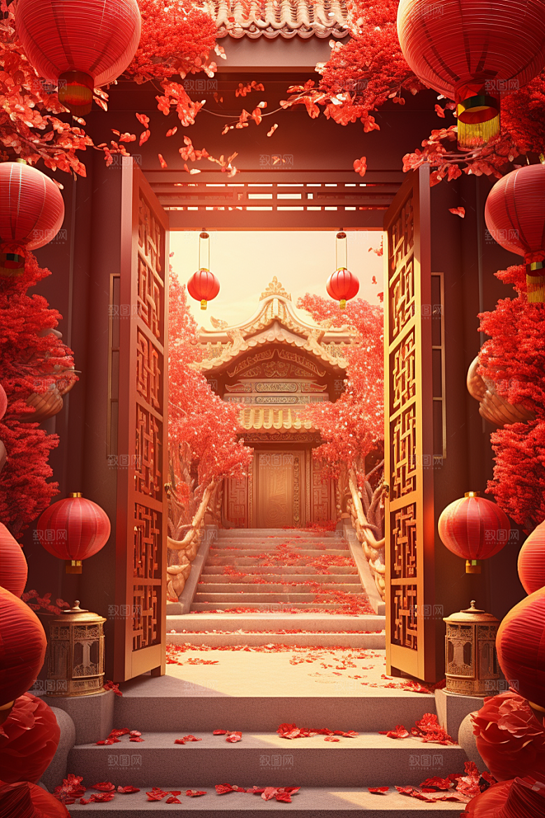 中式传统门楼火热促销背景图