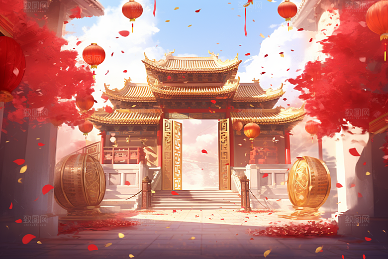 中式传统门楼直播国潮背景图