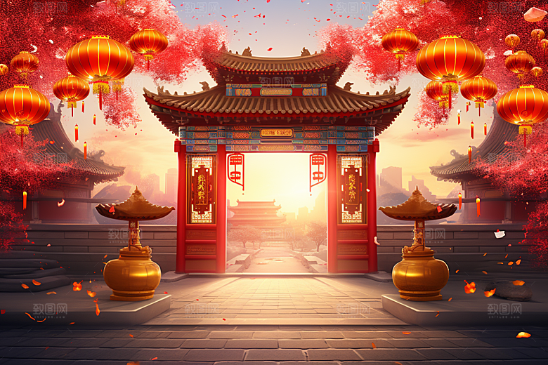 中式传统门楼国潮开业大吉背景图