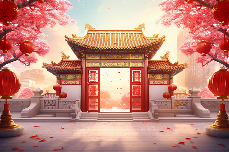 中式传统门楼火热开门红背景图