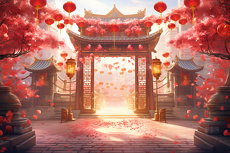 中式传统门楼开业开门红背景图