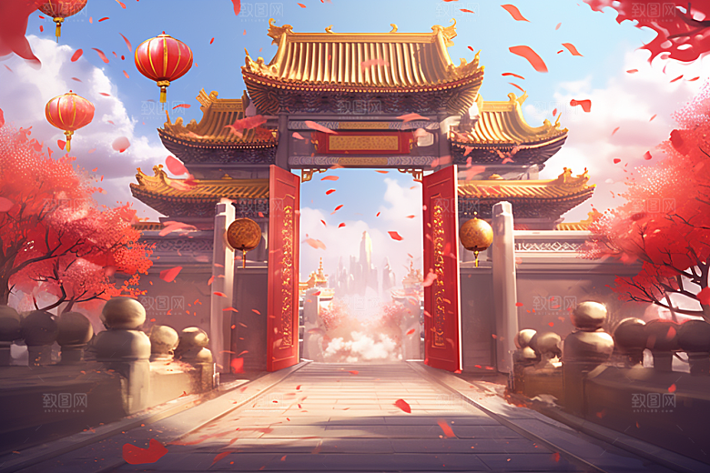 中式传统门楼喜庆直播背景图