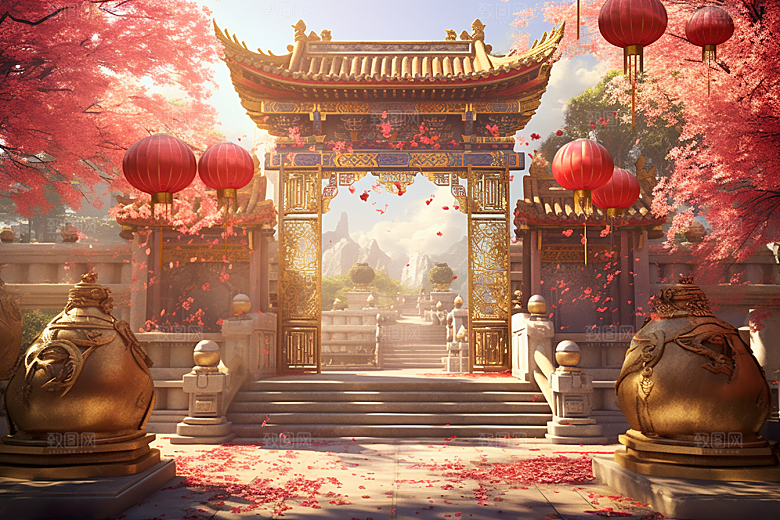 中式传统门楼国潮促销背景图