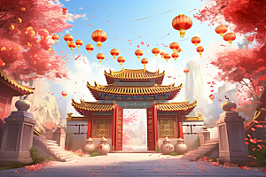 中式传统门楼开业热卖背景图