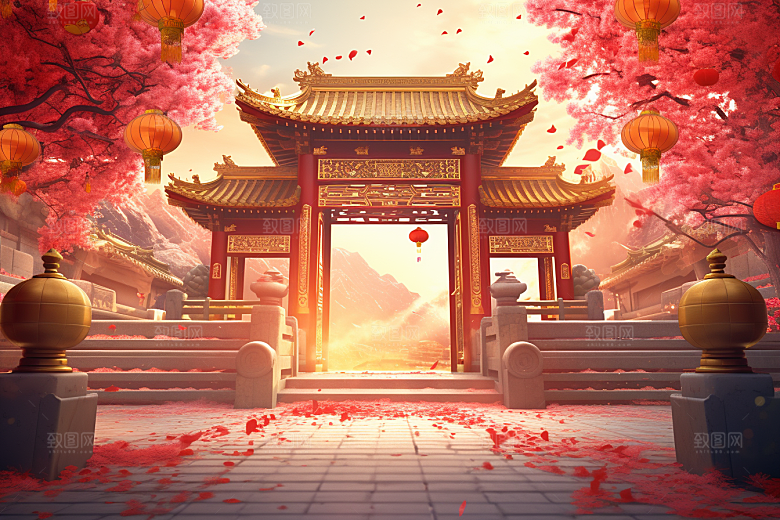 中式传统门楼火热开业背景图