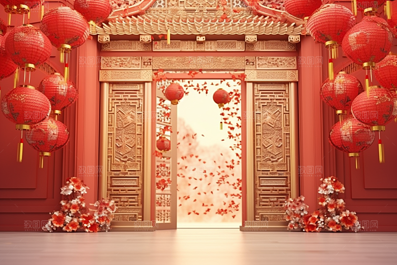中式传统门楼国潮火热背景图