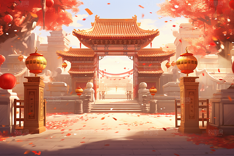 中式传统门楼国潮开门红背景图