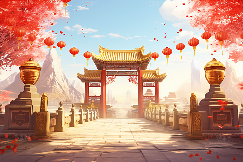 中式传统门楼喜庆开业背景图