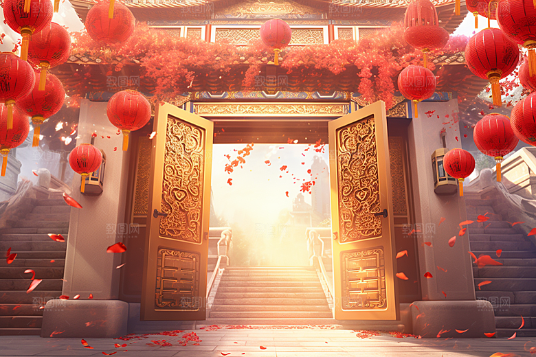 中式传统门楼火热喜庆背景图