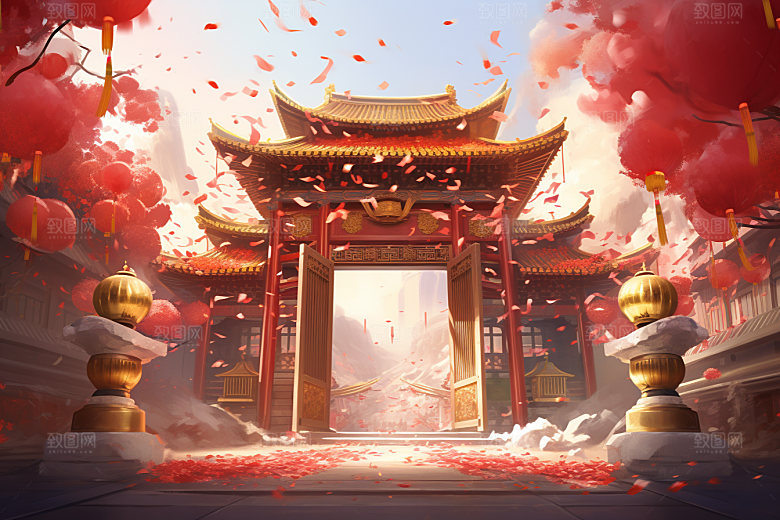 中式传统门楼国潮开门红背景图