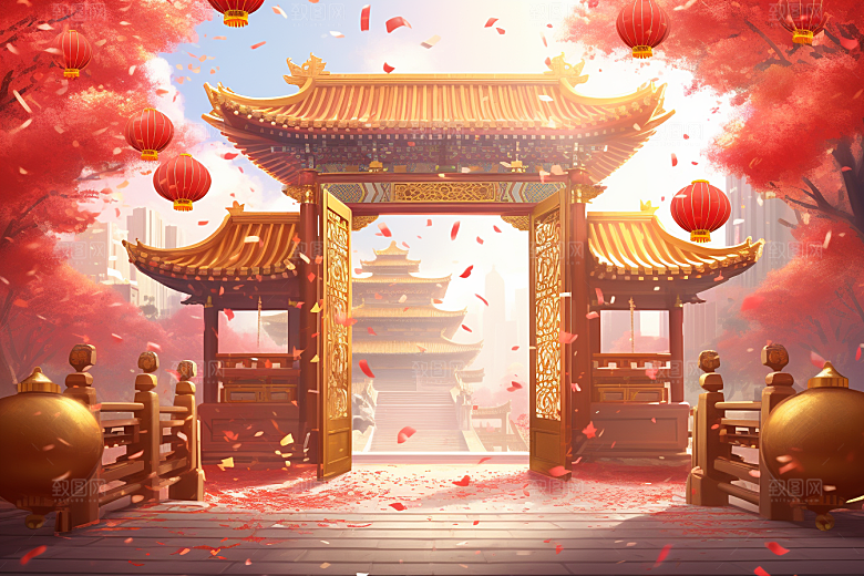 中式传统门楼火热直播背景图