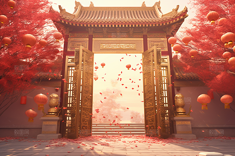 中式传统门楼直播促销背景图