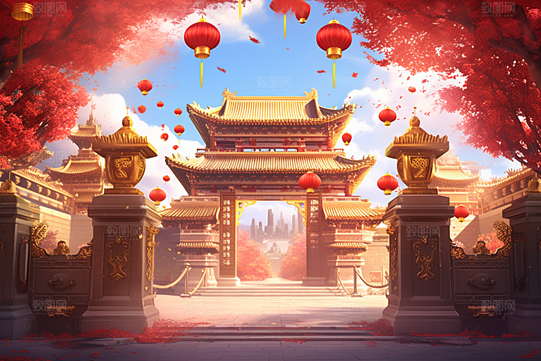 中式传统门楼开业大吉喜庆背景图