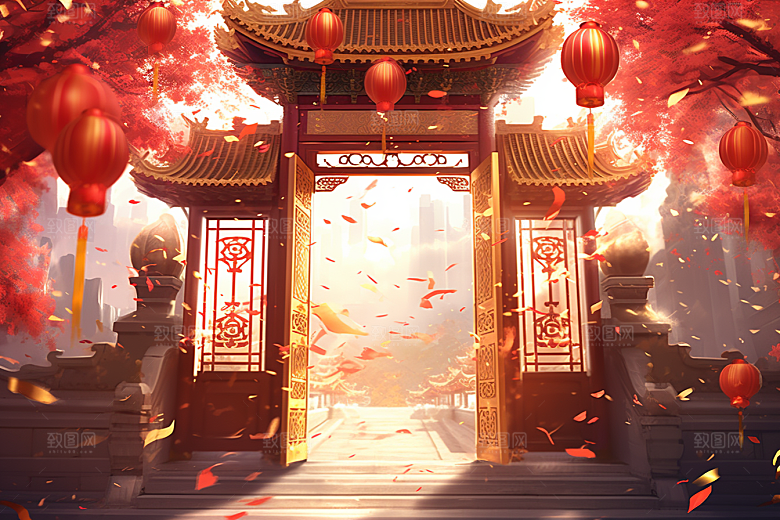 中式传统门楼开业火热背景图