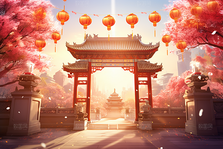 中式传统门楼火热开门红背景图