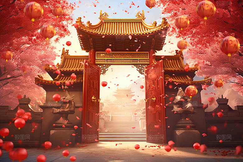 中式传统门楼喜庆中国风背景图