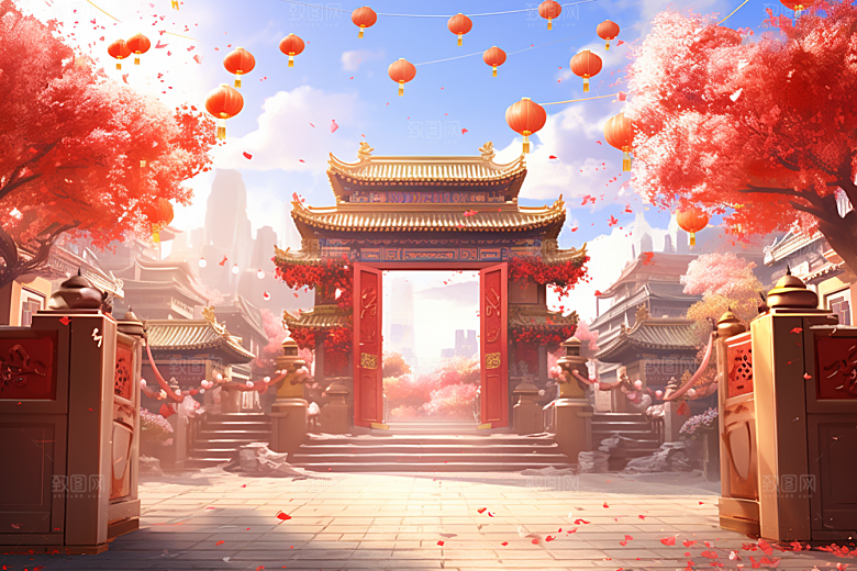 中式传统门楼火热国潮背景图