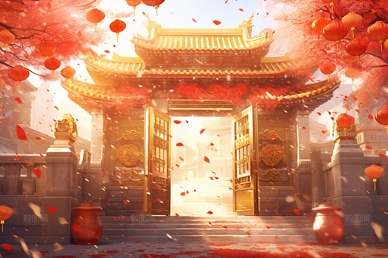 中式传统门楼火热喜庆背景图