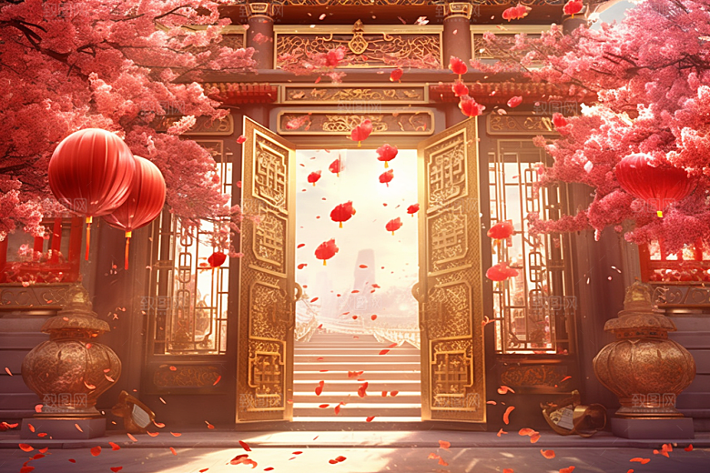 中式传统门楼开业大吉开门红背景图