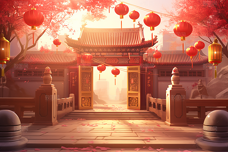 中式传统门楼开业大吉喜庆背景图