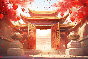 中式传统门楼开门红喜庆背景图