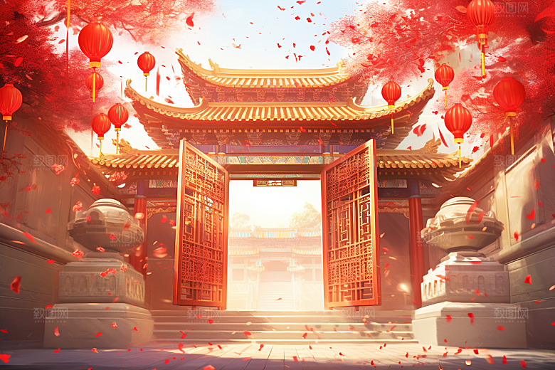 中式传统门楼开门红喜庆背景图