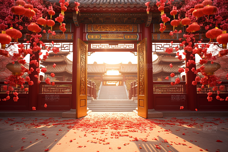 中式传统门楼喜庆促销背景图