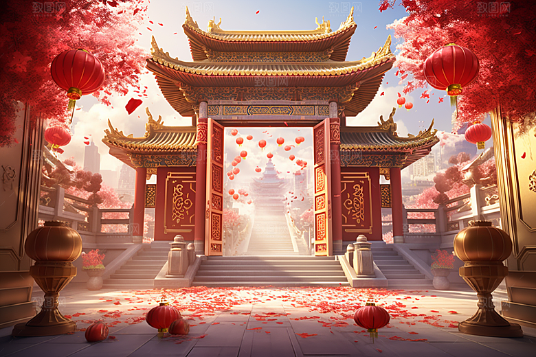 中式传统门楼中国风喜庆背景图