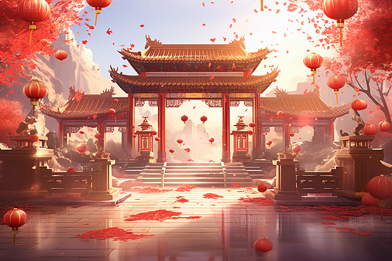 中式传统门楼开门红国潮背景图