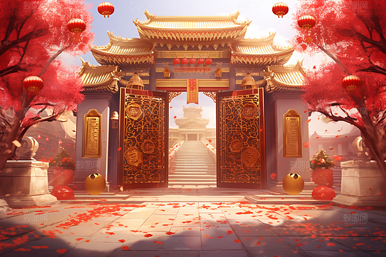 中式传统门楼开业大吉喜庆背景图