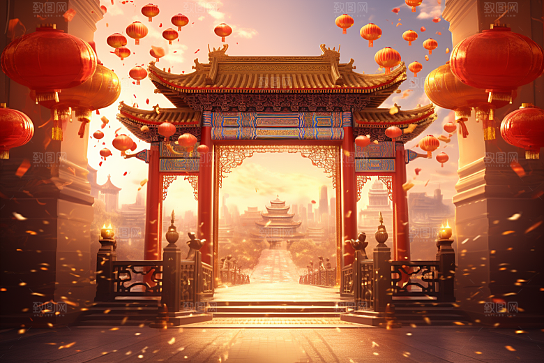 中式传统门楼促销国潮背景图