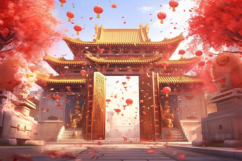 中式传统门楼中国风火热背景图