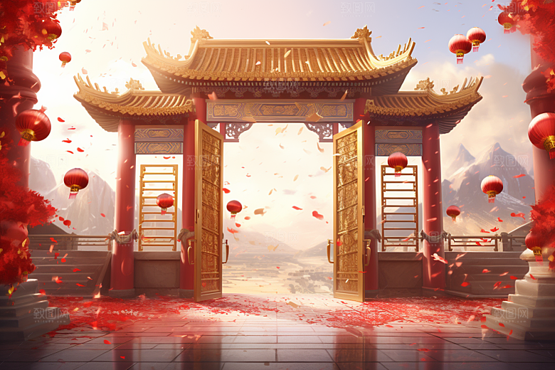 中式传统门楼促销开门红背景图