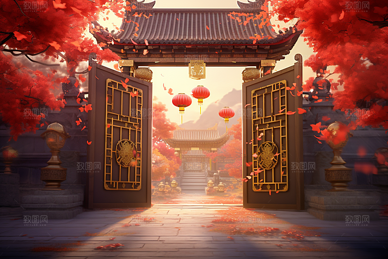 中式传统门楼促销国潮背景图
