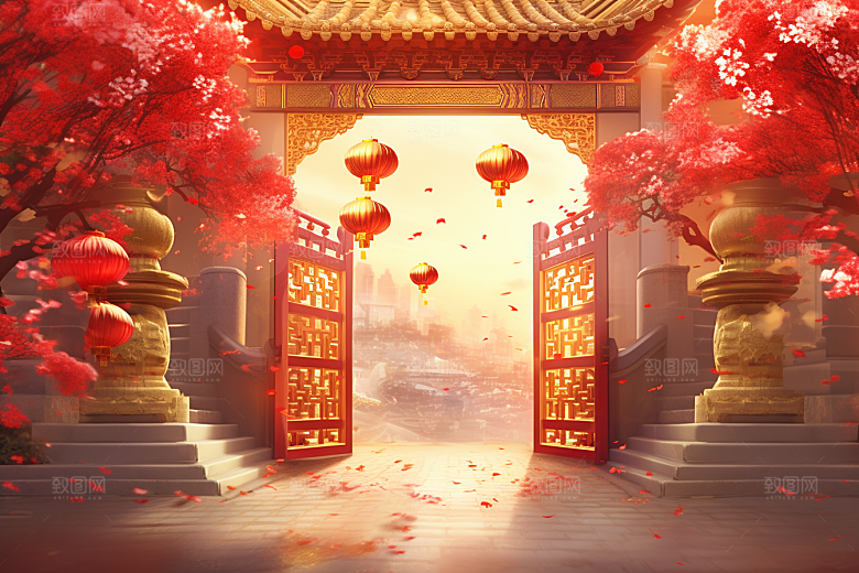 中式传统门楼中国风开门红背景图