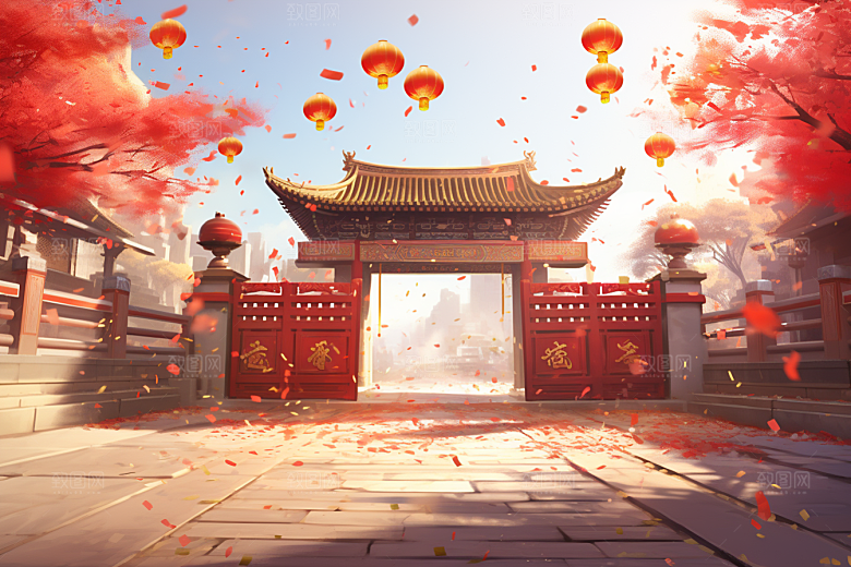 中式传统门楼促销开业大吉背景图