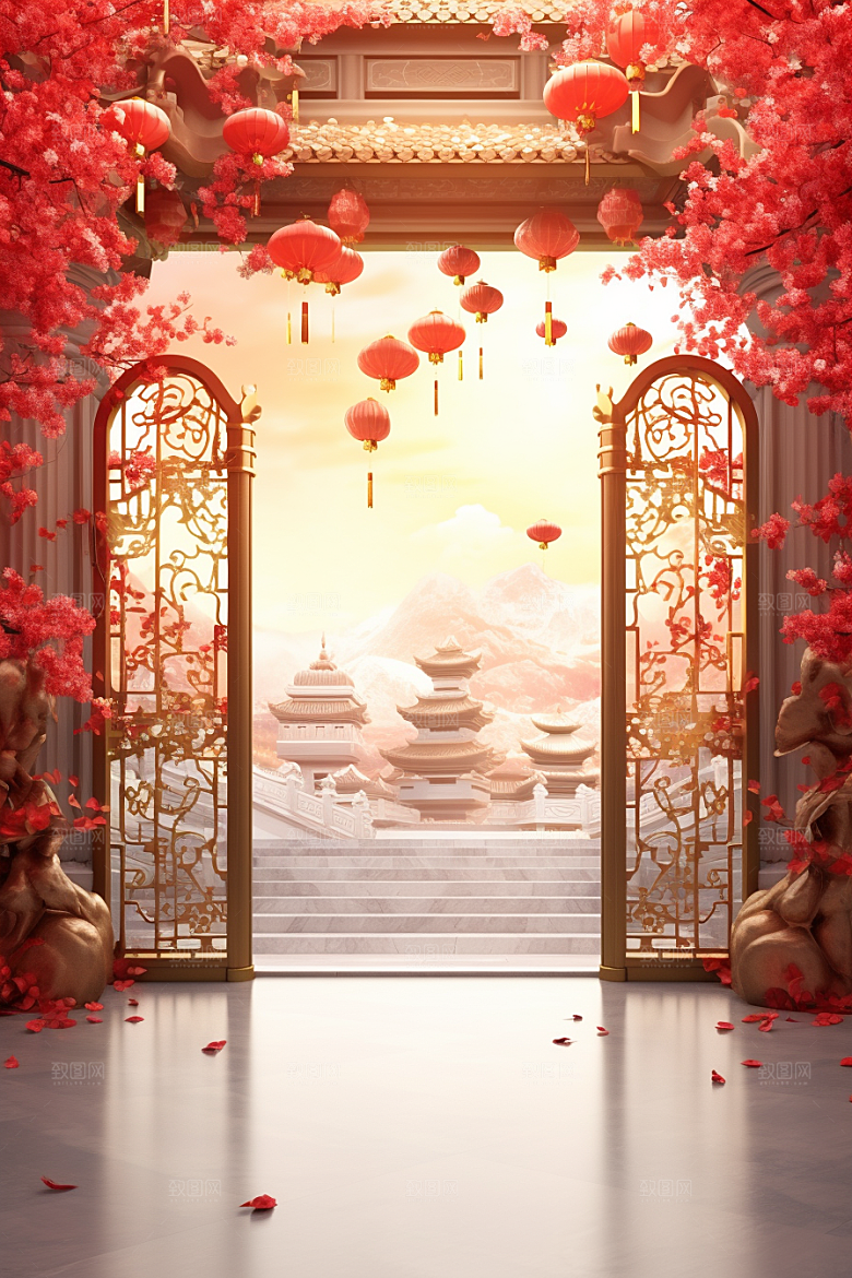 中式传统门楼开业大吉国潮背景图