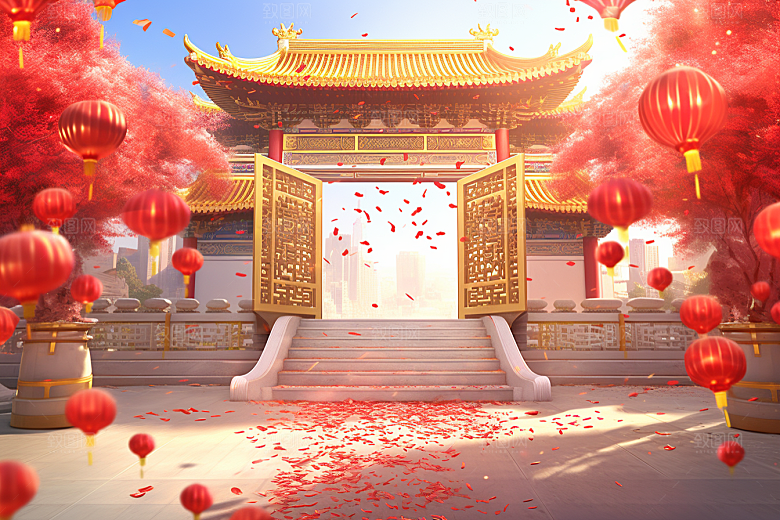 中式传统门楼开业大吉喜庆背景图