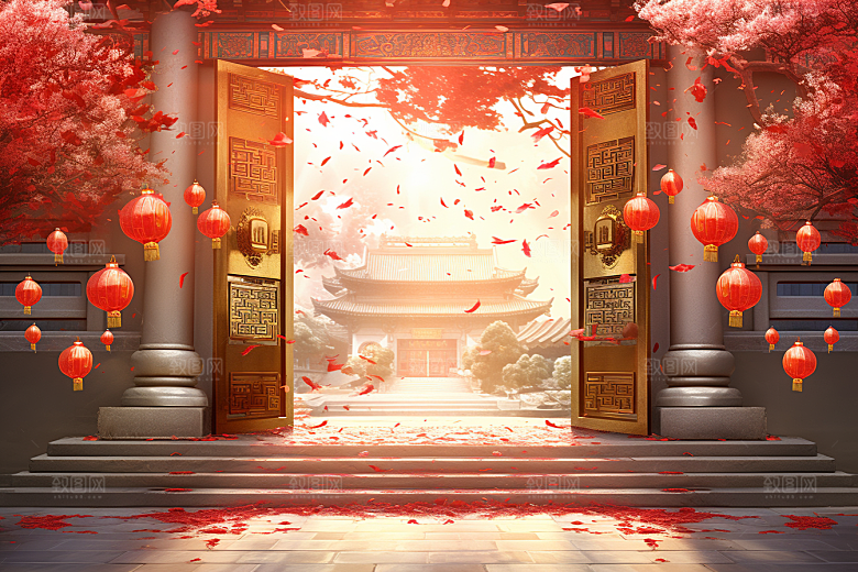 中式传统门楼热卖开业大吉背景图