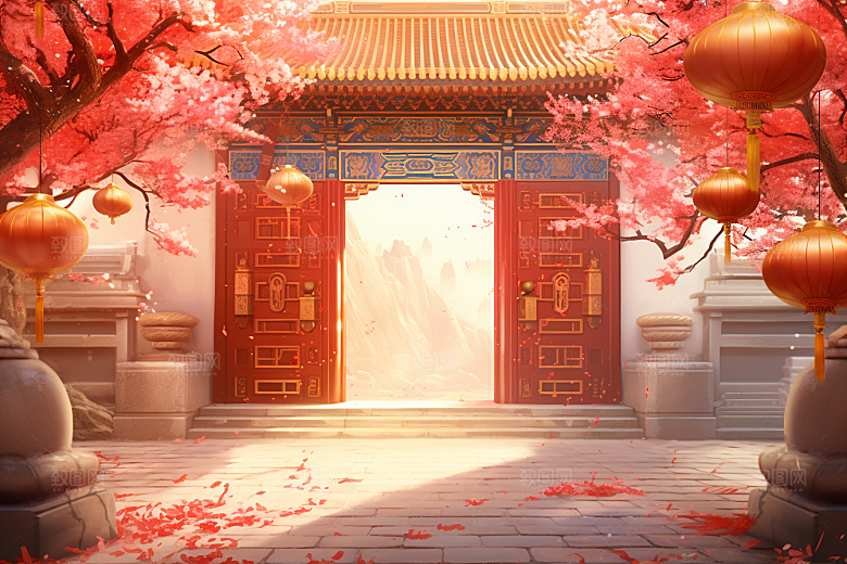 中式传统门楼直播火热背景图