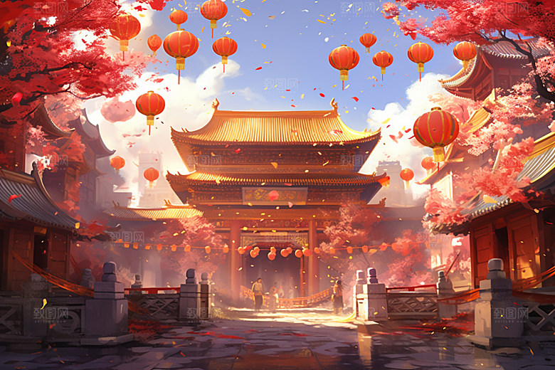 中式传统门楼开业开门红背景图