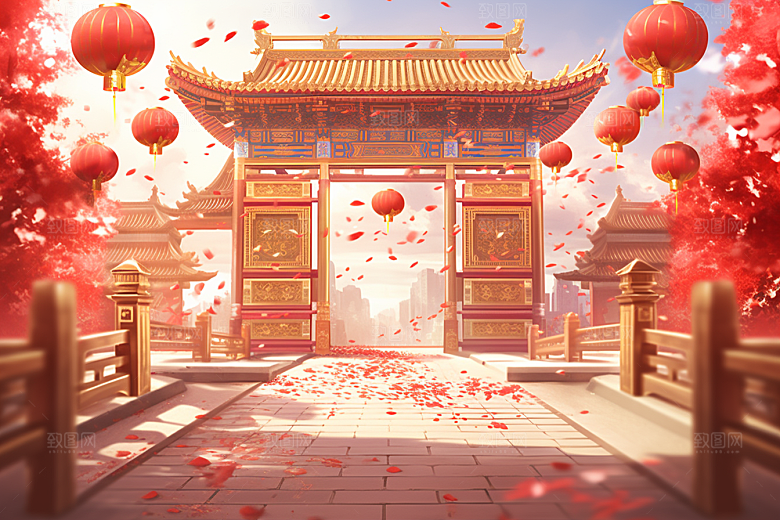 中式传统门楼中国风喜庆背景图