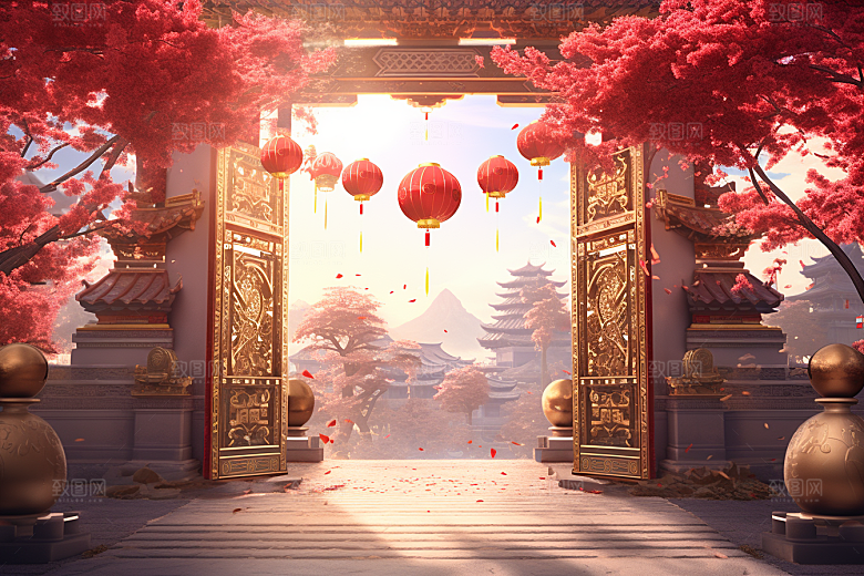 中式传统门楼促销直播背景图