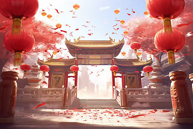 中式传统门楼国潮火热背景图